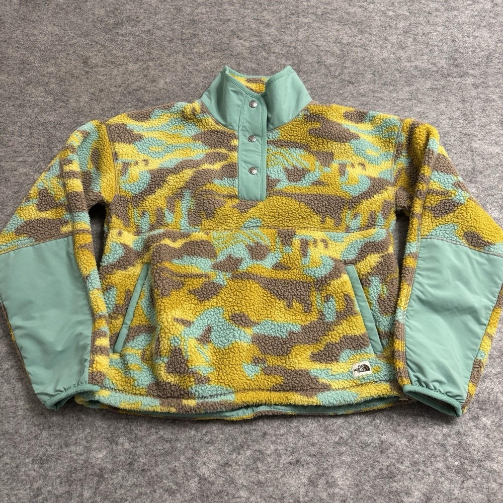 The North Face‎ Fleece Pullover Womens XS Yellow Camo Sherpa Snap Neck
